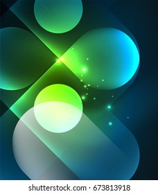Formas geométricas brillantes del vector - elementos redondos y círculos sobre fondo oscuro