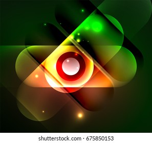 Formas geométricas brillantes del vector - elementos redondos y círculos sobre fondo oscuro