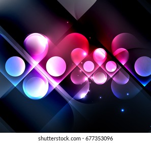 Vector glowing geometric shapes - round elements and circles on dark background