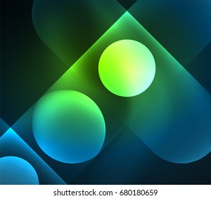 Formas geométricas brillantes del vector - elementos redondos y círculos sobre fondo oscuro