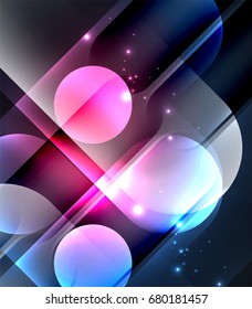 Vector glowing geometric shapes - round elements and circles on dark background