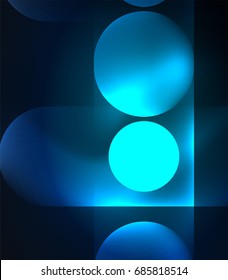 Vector glowing geometric shapes - round elements and circles on dark background