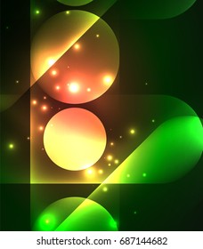 Vector glowing geometric shapes - round elements and circles on dark background