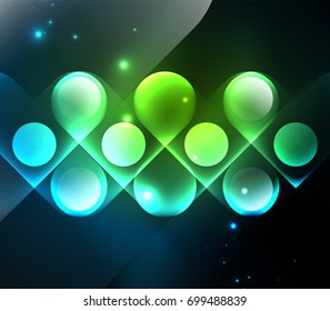 Vector glowing geometric shapes - round elements and circles on dark background