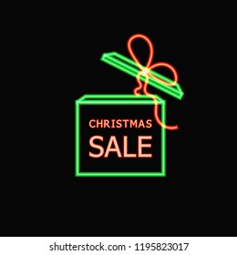 Vector Glowing Gift Box ans Christmas Sale Words, Neon Sale Tag Shining on Dark Background.