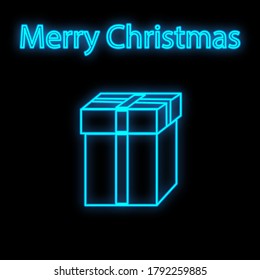 Vector Glowing Gift Box ans Christmas Sale Words, Neon Sale Shining Tag.