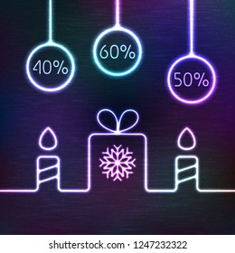 Vector Glowing Gift Box, Candles and Hanging Christmas Balls. Neon Sale Tag Shining on Dark Colorful Grunge Background