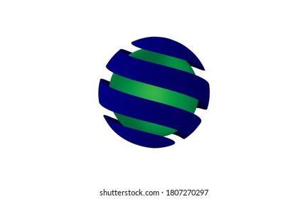 Vector of glowing green abstract round circle or orb surrounded by loops of blue  shield and isolated against white background. Great for icons, logos, branding and world or protection concepts. 