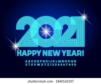 Vector glowing greeting card Happy New Year 2021! Blue electric Font. Neon light creative Alphabet Letters and Numbers set
