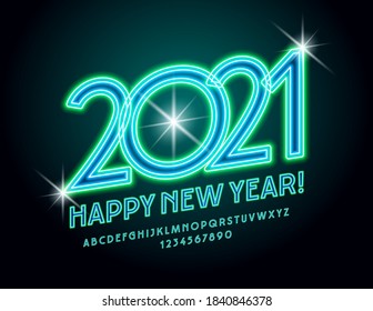 Vector glowing greeting card Happy New Year 2021! Shiny electric Font. Bright Neon Alphabet Letters ad Numbers set