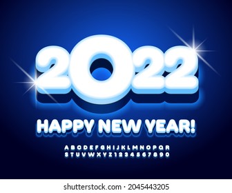 Vektor leuchtend Grußkarte glücklich Neujahr 2022! Blaue elektrische Schriftart. Set aus beleuchteten Alphabet-Buchstaben und -Zahlen