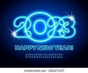 Tarjeta de felicitación brillante vectorial ¡Feliz Año Nuevo 2023! Fuente azul neón. Juego de letras y números de alfabeto eléctrico