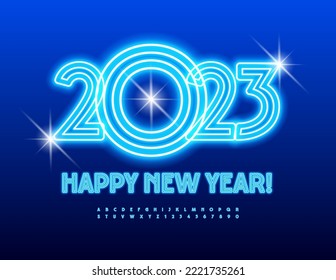 Vector glowing Greeting card Happy New Year 2023! Blue Neon Font. Bright illuminated Alphabet Letters and Numbers