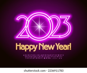 Vector glowing Greeting Card Happy New Year 2023! Neon bright Font. Electric violet Alphabet Letters and Numbers set