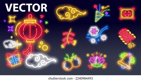 Vector glowing Greeting card Happy New Year 2023 Blue Neon Font. Bright illuminated Alphabet Letters and Numbers