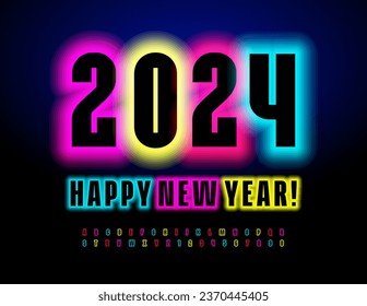 Vector glowing Greeting Card Happy New Year 2024! Neon light Alphabet Letters and Numbers set. Colorful illuminated Font.