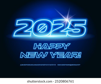 Vector Glowing Greeting Card Happy New Year 2025! Neon Blue Font. Futuristic Style Alphabet Letters and Numbers set