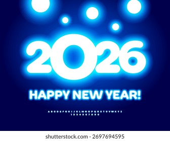 Grußkarte Vektor glühend Frohes neues Jahr 2026! Hell beleuchtete Schrift. Festliche Alphabet Buchstaben und Zahlen gesetzt.