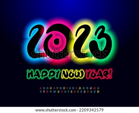 Vector glowing greeting card Happy New Year 2023! Colorful Neon Font. Illuminated handwritten Alphabet letters and Numbers set