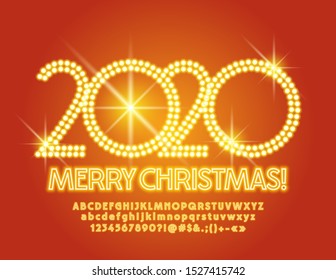 Vector glowing Greeting Card Merry Christmas 2020. Neon shine Font. Bright Alphabet Letters and Numbers