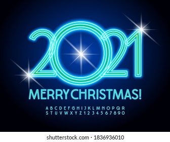 Vector glowing greeting card Merry Christmas 2021! Blue electric Font. Neon Alphabet Letters and Numbers set