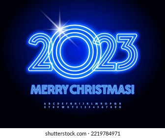 Vektor leuchtend Grußkarte Frohe Weihnachten 2023 mit Neon Alphabet. Trendy Blue Font. Elektrische Buchstaben und Nummern