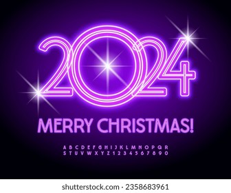 Vector glowing Greeting card merry Christmas 2024! Violet Neon Font. Bright illuminated Alphabet. Glowing Uppercase Letters and Numbers
