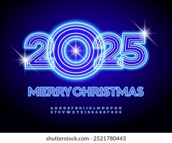 Vector Glowing Greeting Card Merry Christmas 2025! Blue Electric Font. Unique Neon Alphabet Letters and Numbers set.