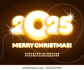 Vector glowing Greeting Card Merry Christmas 2025! Yellow Illuminated Font. Bright lighting set of Alphabet Letters and Numbers