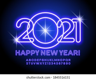 Vector glowing Happy New Year 2021 greeting card Blue Neon Font. Electric illuminated Alphabet Letters and Numbers set