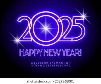 Vetor brilhando Feliz Ano Novo 2025 cartão de saudação. Fonte neon brilhante. Conjunto de letras e números do alfabeto elétrico moderno.
