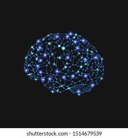 Vector Glowing Human Brain Illustration, Neural Connections, Bright Blue Lights, Isolated on Black Background.