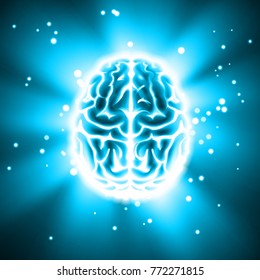 Vector glowing human brain top view close up isolated on abstract background