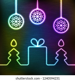 Vector Glowing Icon of Gift Box, Christmas Fir Tree as Candle and Hanging Christmas Balls with Snow Flake. Neon Sale Tag Shining on Dark Colorful Grunge Background