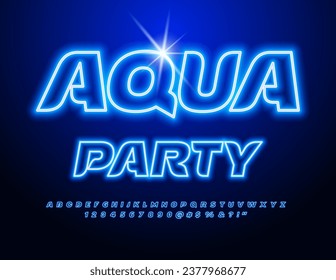 Vector glowing invitation Aqua Party. Neon Blue Font. Set of stylish Alphabet Letters and Numbers