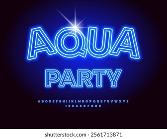 Vector glowing invitation Aqua Party. Blue Neon Alphabet Letters and Numbers set. Led Illuminated Font