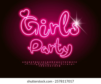 Vector Glowing invitation Girls Party. Joyful Neon Font. Red Illuminated Alphabet Letters and Numbers set.