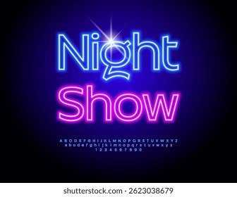 Vector Glowing invitation Night Show. Blue Electric Font. Neon Light Alphabet Letters and Numbers set.