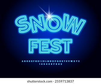 Vector Glowing invitation Snow Fest. Light tube Font. Neon Blue Alphabet Letters and Numbers set.