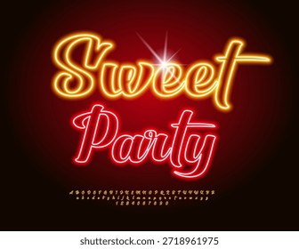 Vector Glowing invitation Sweet Party. Fashion Electric Font. Neon set of Calligraphic Alphabet Letters and Numbers.