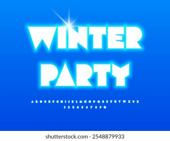 Vector glowing invitation Winter Party. Big Neon Font. Illumination Alphabet Letters and Numbers set