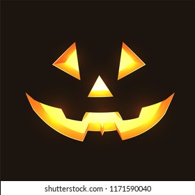 Vector glowing jack o lanterns scary face halloween holiday realistic symbol on dark background. Traditional holiday decoration, autumn trick or treat kids event