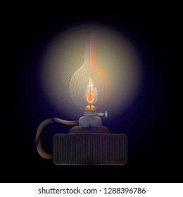 Vector glowing kerosene lamp on a dark background. Oil retro lamp