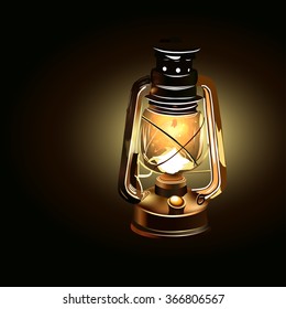 Vector glowing kerosene lamp on a dark background