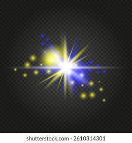 Vector Glowing Light Burst Effect with Yellow and Blue Sparkles, Radiant Flare and Twinkle Particles on Transparent Background for Overlay, Magic and Festive Design Projects