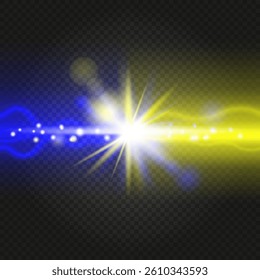 Vector Glowing Light Burst Effect with Yellow and Blue Sparkles, Radiant Flare and Twinkle Particles on Transparent Background for Overlay, Magic and Festive Design Projects