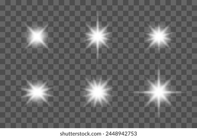 Vector glowing light effect collection. Shine, sparks, flare, flash illustration. Photography camera light or sunlight reflection from lens. Lights effects on transparent background