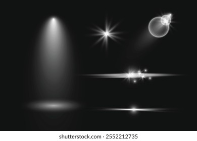Vector glowing light effect collection. Shine, sparks, flare, flash illustration on a transparent background.
