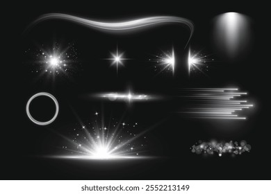 Vector glowing light effect collection. Shine, sparks, flare, flash illustration on a transparent background.
