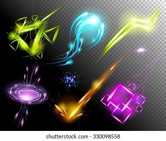 Vector Glowing Light Effect set. Sparkling Efect Design Element Collection. Stars, Planet, Comet, Galaxy, Asteroid isolated on black Background. Vector Illustration